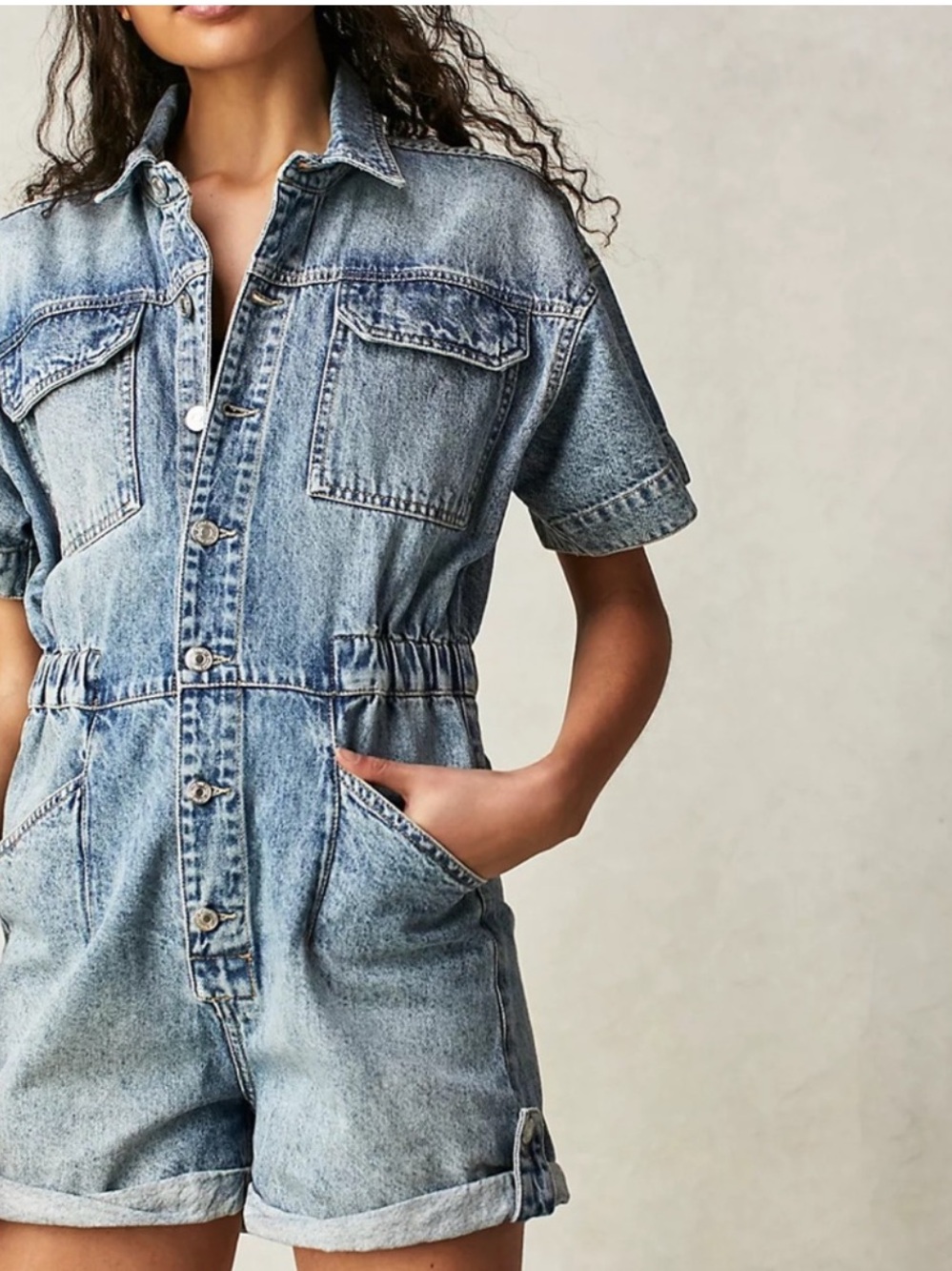 We The Free Short-Sleeve Denim Romper Jacket - Light Blue